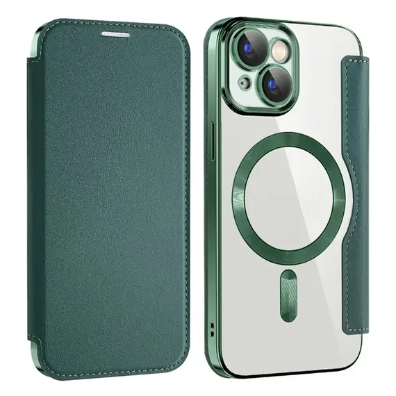 Husa iPhone 15 » MagFlip Magnet, RFID protect, Leather, Chrome Edge, Green [1]