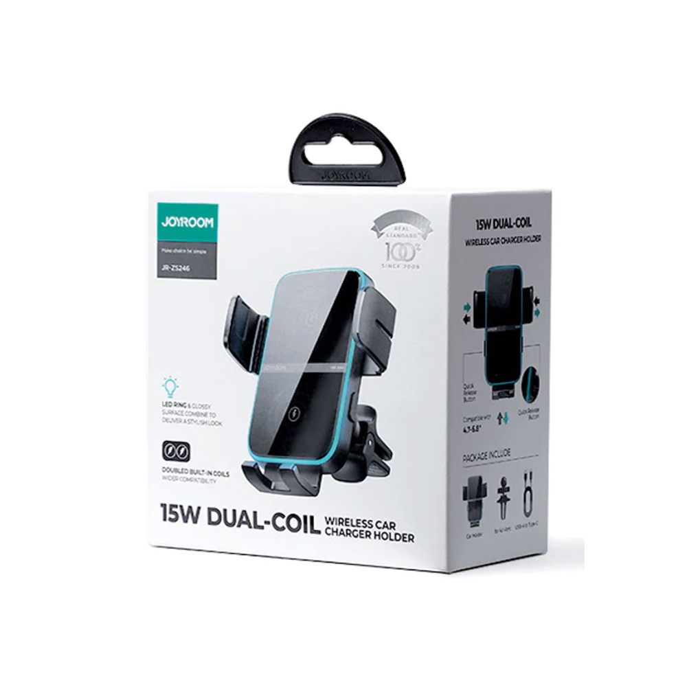 Suport Auto cu incarcare Wireless, 15W, cu cleme laterale, montaj Ventilatie, USB-C, 1m, Dual Coil, Black – Joyroom JR-ZS246 [1]