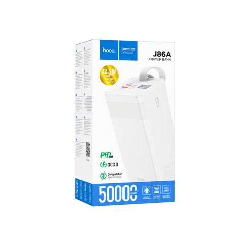 Baterii Externe - Baterie Externa Hoco, 1xUSB-C PD, 2xUSB-A QC 3.0, lampa LED, 50.000 MAh, White – Hoco J86A