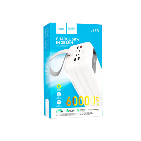 Baterii Externe - Baterie Externa Hoco, 1xUSB-C PD, 4xUSB-A QC 3.0, lampa LED, 60.000 MAh, White – Hoco J86B