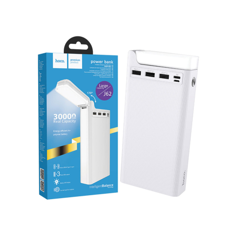 Incarcatoare si Baterii Externe - Baterie Externa Hoco Premium J62, 3xUSB-A, Wireless Charging, lampa LED, 30.000 MAh, White – Hoco J62