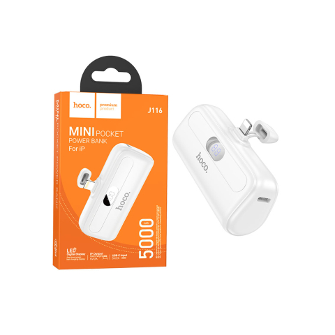 Baterii Externe - Baterie Externa Hoco, PowerBank, afisaj digital, conector Lightning, Compact Size, 5000mAh, 5V/2A, White – Hoco J116