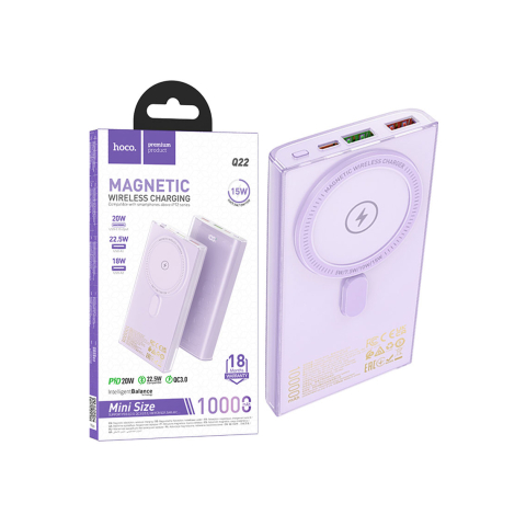 Incarcatoare si Baterii Externe - Baterie Externa Wireless Magnet, HOCO Q22, 1xUSB-C PD, 2xUSB-A, QC 3.0, 5V, 3A, Display LED, Magnet, 10.000mAh, Purple – Hoco Q22