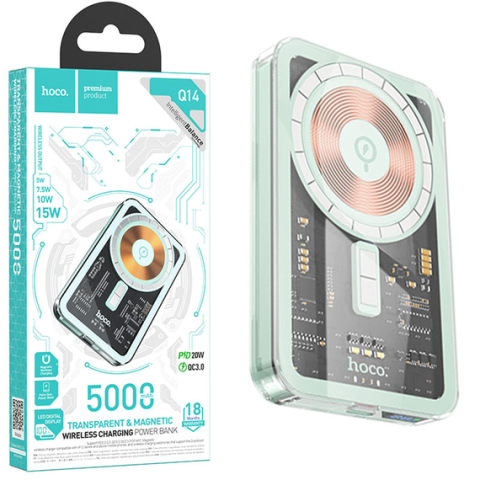 Incarcatoare si Baterii Externe - Baterie Externa Wireless Magnet, 1xUSB-C PD, 5V, 2A, Magnet, Display LED, 5.000mAh | Blue – Hoco Q14