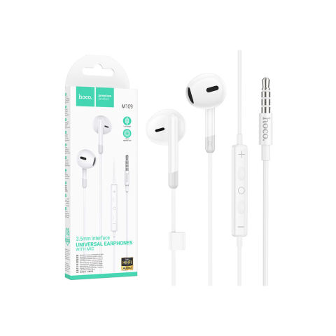 Audio si Accesorii - Casti cu Fir, In Ear, 3.5mm, 1.2m, Mic & Volume Key, HiFi, White – Hoco M109