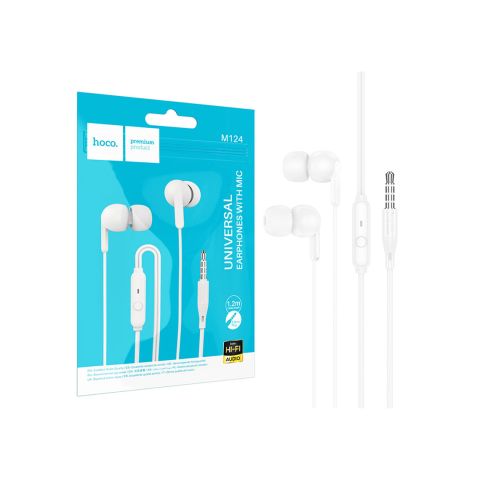 Audio si Accesorii - Casti cu Fir, In Ear, 3.5mm, 1.2m, Mic & Volume Key, HiFi, White – Hoco M124