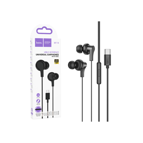 Casti - Casti cu Fir, In Ear, USB-C, 1.2m, Mic & Volume Key, Black – Hoco M114