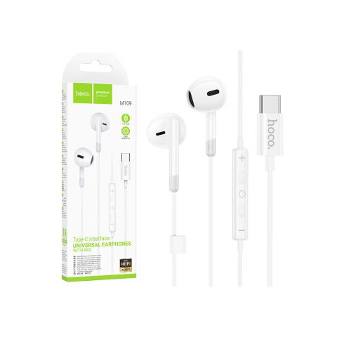 Casti - Casti cu Fir, In Ear, USB-C, 1.2m, Mic & Volume Key, HiFi, White – Hoco M109