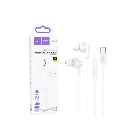 Casti - Casti cu Fir, In Ear, USB-C, 1.2m, Mic & Volume Key, White – Hoco M114