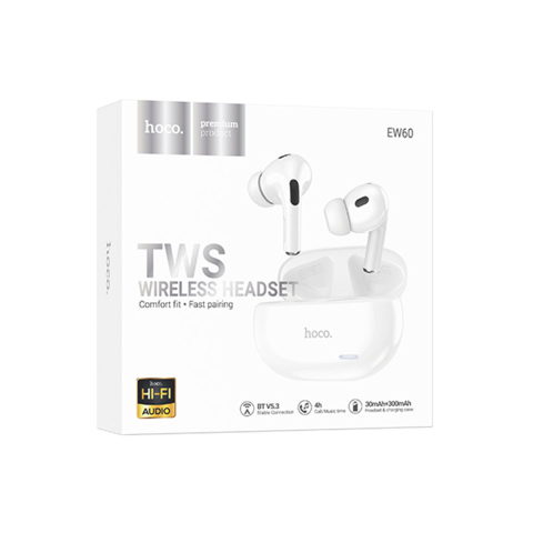 Casti Wireless - Casti Wireless, Ear Buds, BT 5.3, 150h StandBy, 300mAh, HiFi, Norman, White – Hoco EW60