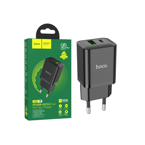 Incarcatoare Retea - Adaptor Incarcator, 20W, 1xUSB-C, 1xUSB-A, PD, QC 3.0, Black – Hoco N28