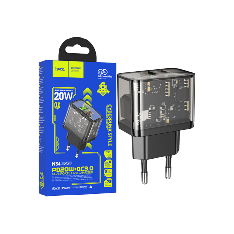 Incarcatoare Retea - Adaptor Incarcator, 20W, 1xUSB-C, 1xUSB-A, PD, QC 3.0, Clear, Black – Hoco N34
