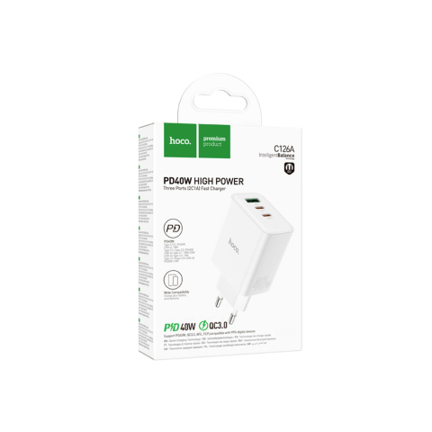 Incarcatoare Retea - Adaptor Incarcator, 40W, 2xUSB-C, 1xUSB-A, PD, QC 3.0, White – Hoco C126A