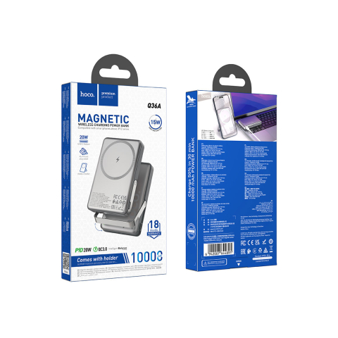 Baterii Externe - Baterie Externa Hoco Premium, Wireless, 10.000 Magsafe, 20W, 1xUSB-C, 1xUSB, PD, QC3.0, Fast, Metall/GRAY – Hoco Q36A