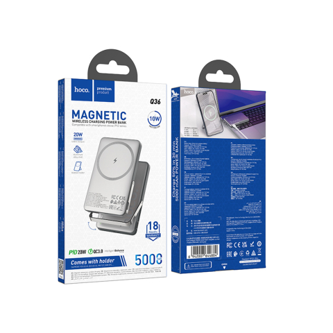 Baterii Externe - Baterie Externa Hoco Premium, Wireless, 5.000 Magsafe, 20W, 1xUSB-C, 1xUSB, PD, QC3.0, Fast, Metall/GRAY – Hoco Q36A