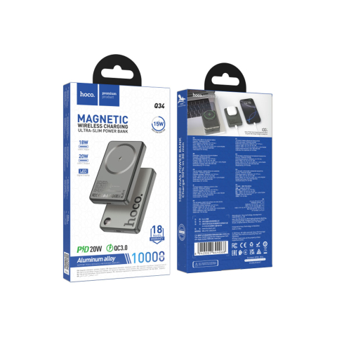 Baterii Externe - Baterie Externa Hoco Premium, Wireless, Magsafe, 20W, 1xUSB-C, 1xUSB, PD, QC3.0, Fast, Metall/GRAY – Hoco Q34
