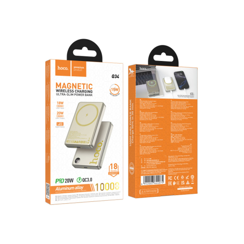Baterii Externe - Baterie Externa Hoco Premium, Wireless, Magsafe, 20W, 1xUSB-C, 1xUSB, PD, QC3.0, Fast, Titanium/GOLD – Hoco Q34