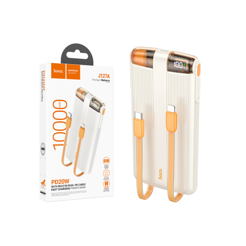 Baterii Externe - Baterie externa cu Cabluri integrate, PowerBank, cu mini-cabluri color USB-C / Lightning x 20W, 5V, 2A, 10000mAh, Display LED, Mecha Dual, Milky WHITE – Hoco J127A