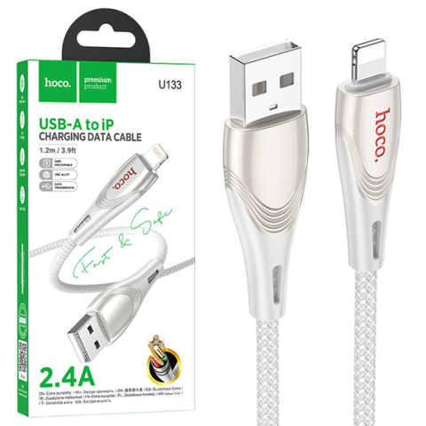 Cabluri de date telefoane - Cablu Date si Incarcare, USB-A la Lightning, 2.4A, Braided, 1.2m, Gray – Hoco U133