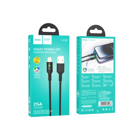 Cabluri de date telefoane - Cablu Date si Incarcare, USB-A la Lightning, 2.4A, LED Power, 1.2m, Black – Hoco U120