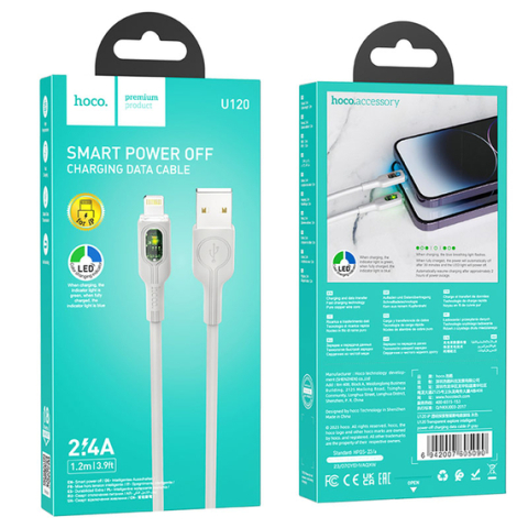 Cabluri de date telefoane - Cablu Date si Incarcare, USB-A la Lightning, 2.4A, LED Power, 1.2m, Gray – Hoco U120