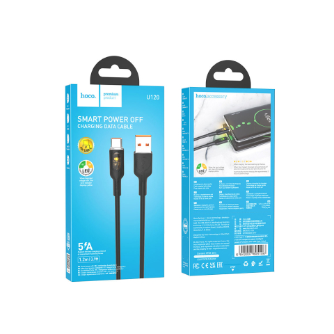 Cabluri de date telefoane - Cablu Date si Incarcare, USB-A la USB-C, 18W, 5A, LED Power, 1.2m, Black – Hoco U120