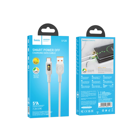 Cabluri de date telefoane - Cablu Date si Incarcare, USB-A la USB-C, 18W, 5A, LED Power, 1.2m, Gray – Hoco U120