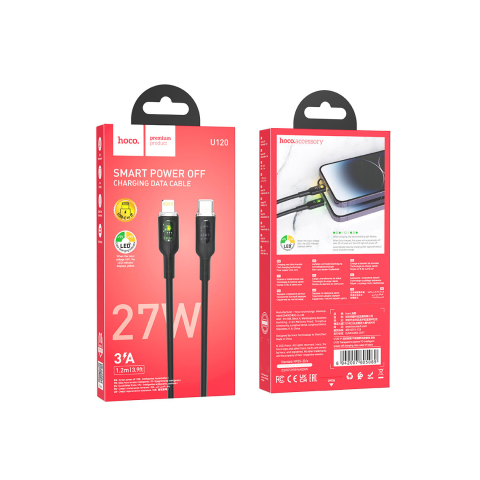 Cabluri de date telefoane - Cablu Date si Incarcare, USB-C, PD27W, QC3.0, 5A, LED Power, 1.2m, Black – Hoco U120