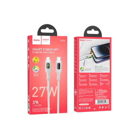 Cabluri de date telefoane - Cablu Date si Incarcare, USB-C, PD27W, QC3.0, 5A, LED Power, 1.2m, Gray – Hoco U120
