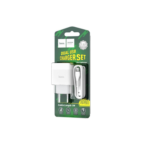 Incarcatoare Retea - Set Incarcator cu Cablu + Lightning, 18W, 2.4A, 2xUSB-A, QC 3.0, White – Hoco C73A