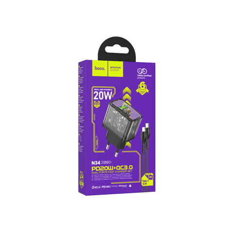 Incarcatoare Retea - Set Incarcator cu Cablu + Lightning, 20W, 1xUSB-C, 1xUSB-A, PD, QC 3.0, Clear, Black – Hoco N34