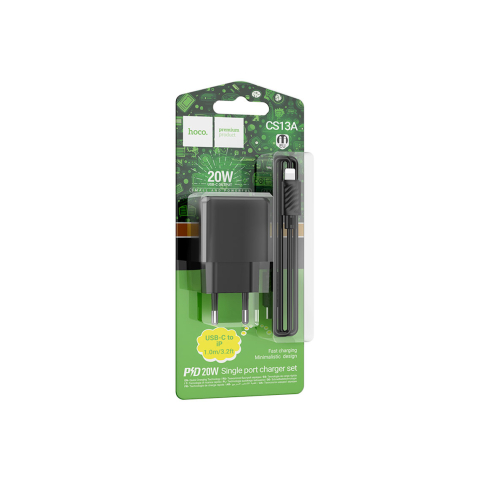 Incarcatoare Retea - Set Incarcator cu Cablu+ Lightning, 20W, 1xUSB-C, PD, Black – Hoco CS13A