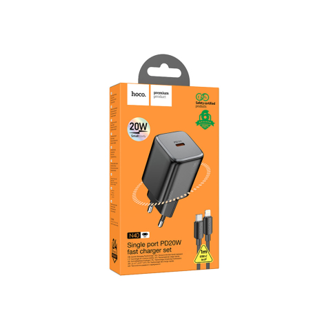 Incarcatoare Retea - Set Incarcator cu Cablu + Lightning, 20W, 1xUSB-C, PD, Black – Hoco N40