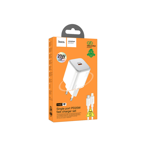 Huse Xiaomi - Set Incarcator cu Cablu + Lightning, 20W, 1xUSB-C, PD, White – Hoco N40