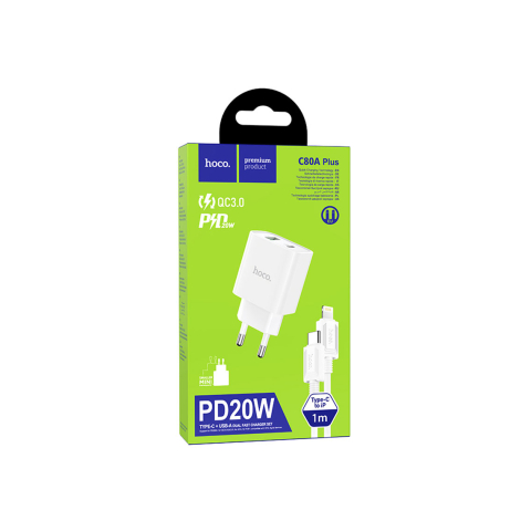 Incarcatoare Retea - Set Incarcator cu Cablu + Lightning, 20W, 5V, 3.1A, 1xUSB-C, 1xUSB-A, PD, QC 3.0, White – Hoco C80A Plus