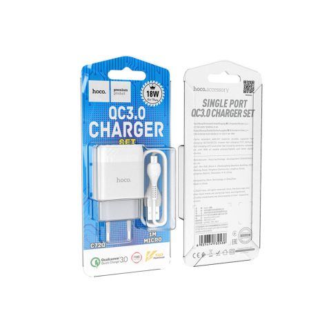 Incarcatoare Retea - Set Incarcator cu Cablu + MicroUSB, 18W, 1xUSB-A, QC 3.0, White – Hoco C72Q