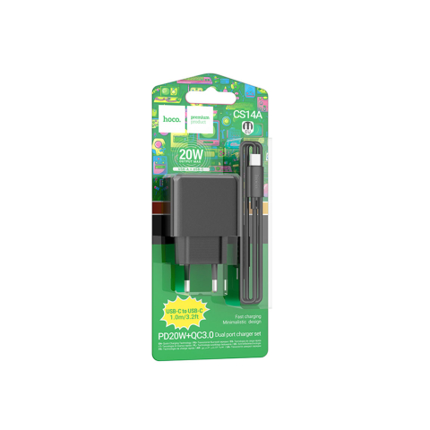 Incarcatoare si Baterii Externe - Set Incarcator cu Cablu + USB-C, 20W, 1xUSB-C, 1xUSB-A, PD, QC 3.0, Black – Hoco CS14A