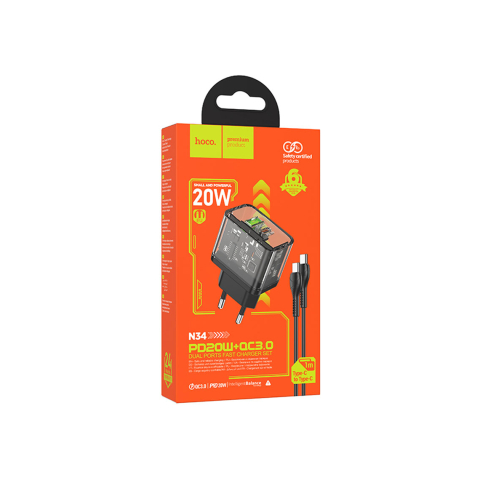 Incarcatoare Retea - Set Incarcator cu Cablu + USB-C, 20W, 1xUSB-C, 1xUSB-A, PD, QC 3.0, Clear, Black – Hoco N34