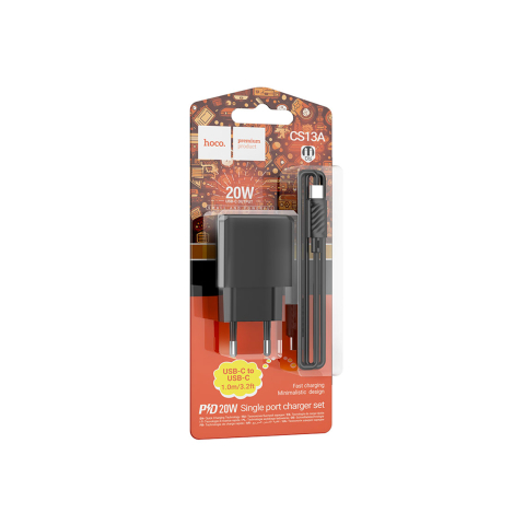 Incarcatoare Retea - Set Incarcator cu Cablu + USB-C, 20W, 1xUSB-C, PD, Black – Hoco CS13A