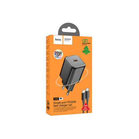Incarcatoare Retea - Set Incarcator cu Cablu + USB-C, 20W, 1xUSB-C, PD, Black – Hoco N40