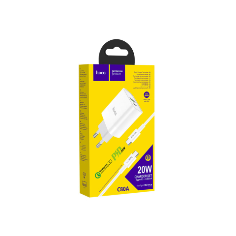 Incarcatoare Retea - Set Incarcator cu Cablu+ USB-C, 20W, 5V, 3.1A, 1xUSB-C, 1xUSB-A, PD, QC 3.0, White – Hoco C80A