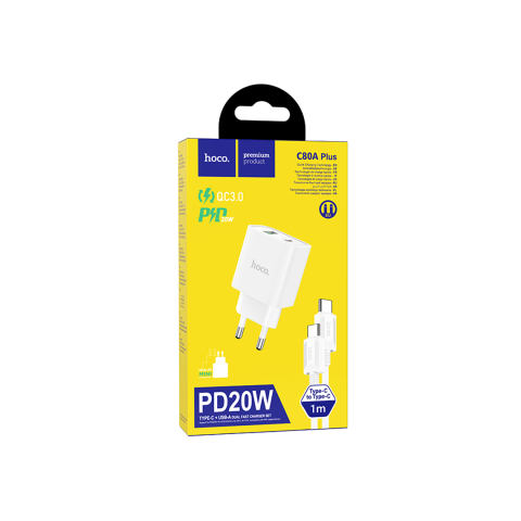 Incarcatoare Retea - Set Incarcator cu Cablu + USB-C, 20W, 5V, 3.1A, 1xUSB-C, 1xUSB-A, PD, QC 3.0, White – Hoco C80A Plus
