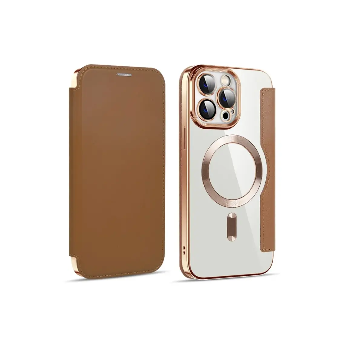 Huse telefoane - Husa iPhone 14 Pro » MagFlip Magnet, RFID protect, Leather, Chrome Edge, Gold