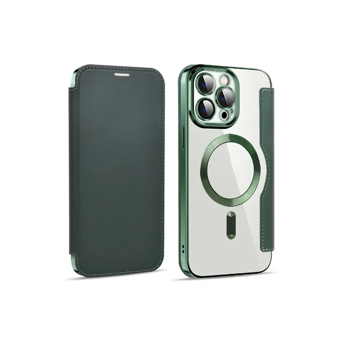 Huse telefoane - Husa iPhone 14 Pro » MagFlip Magnet, RFID protect, Leather, Chrome Edge, Green