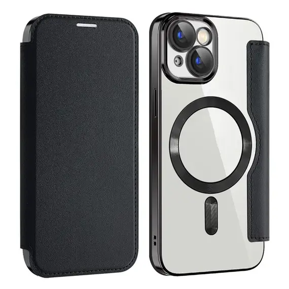 iPhone 15 - Husa iPhone 15 » MagFlip Magnet, RFID protect, Leather, Chrome Edge, Black