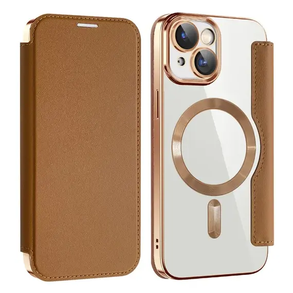 iPhone 15 - Husa iPhone 15 » MagFlip Magnet, RFID protect, Leather, Chrome Edge, Gold