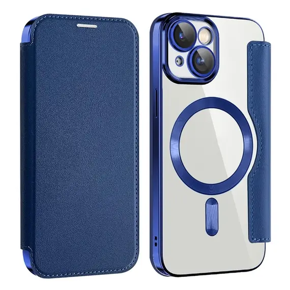 iPhone 15 - Husa iPhone 15 » MagFlip Magnet, RFID protect, Leather, Chrome Edge, Navy BLUE