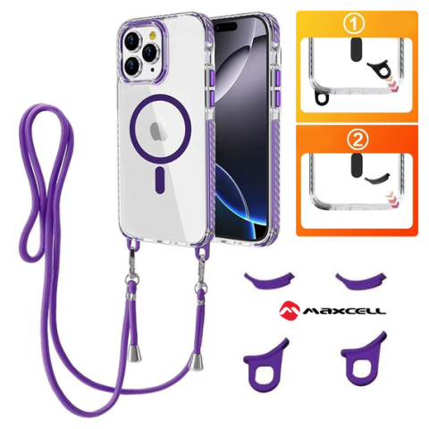 iPhone 15 - Husa iPhone 15 » MagFrame AntiDrop 2in1, Snur Detasabil, CLEAR/Purple frame