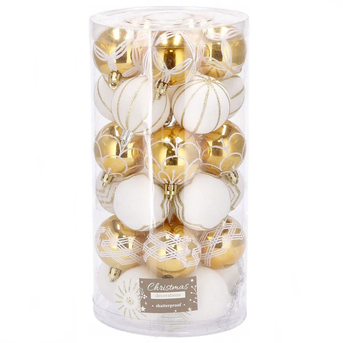 Globuri - Set globuri de Craciun cu modele de sarbatori, 30 bucati, 5cm, alb auriu