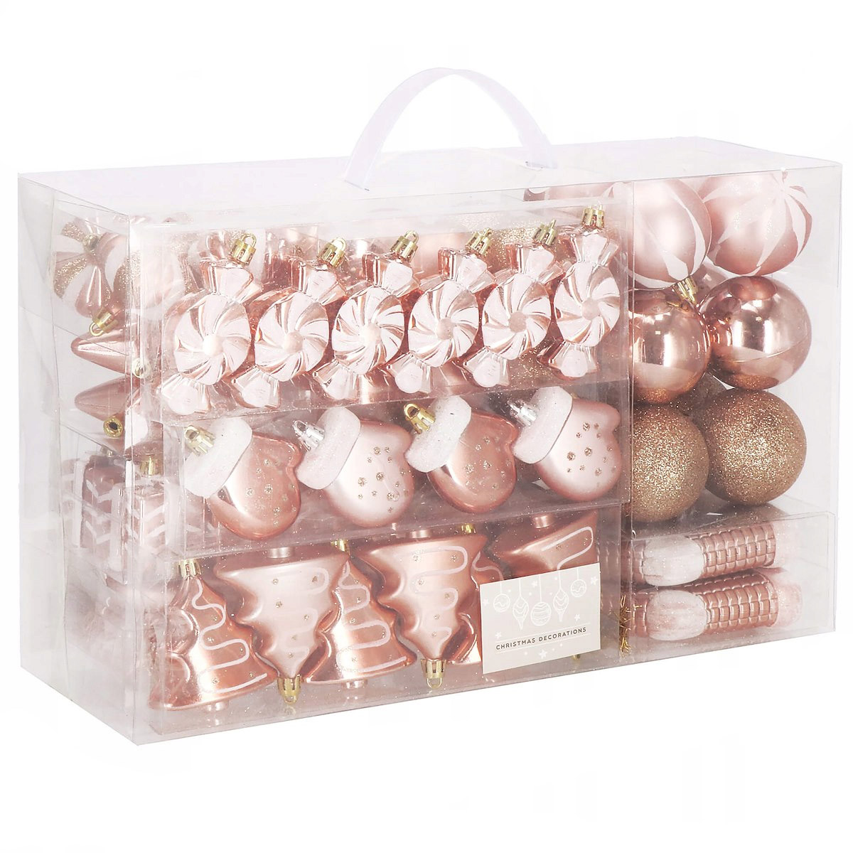 Decoratiuni si articole casa - Set globuri si decoratiuni de Craciun, 77 piese, diverse dimensiuni, roz auriu